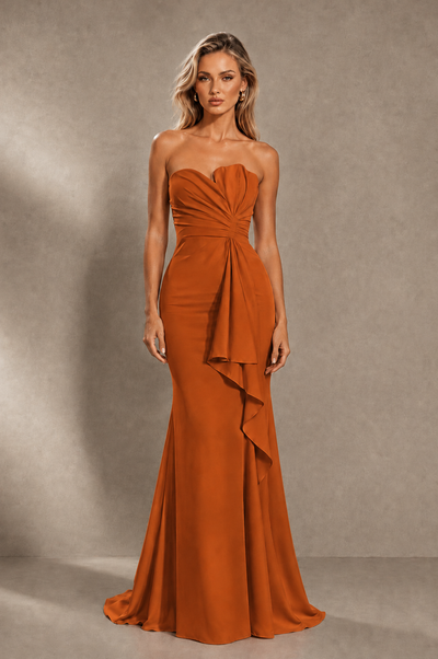 BOLODOO Burnt Orange Strapless Sweetheart Ruched Mermaid Gown | Cascade Drape Formal Evening Dress - Burnt Orange - Burnt_Orange_1