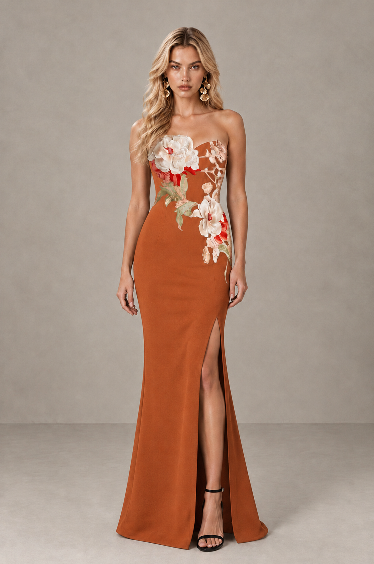 BOLODOO Burnt Orange Strapless Floral Mermaid Evening Dress with Slit - Burnt Orange - Burnt_Orange_1