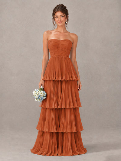 BOLODOO Burnt Orange Strapless Tiered Pleated Bridesmaid Dress - Burnt Orange - Burnt Orange_1