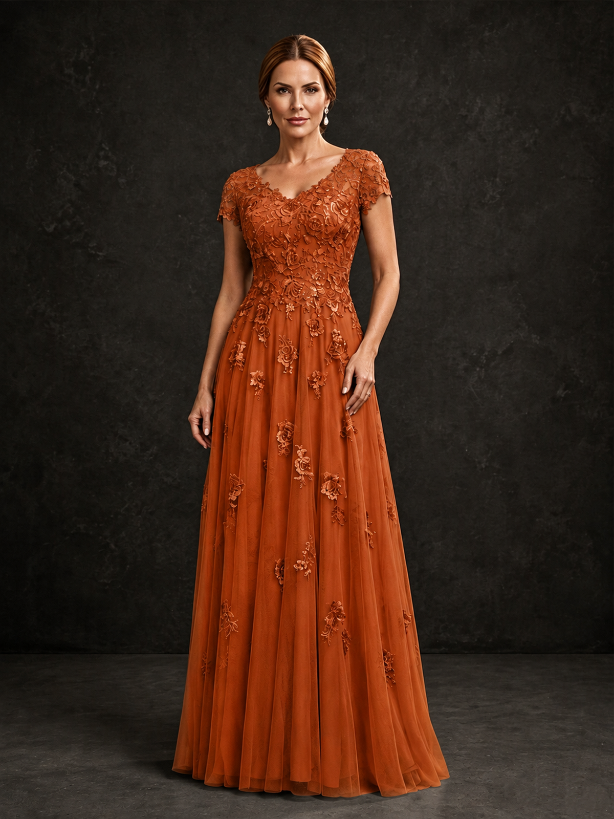 BOLODOO Burnt Orange Cap Sleeve Lace Appliqué A-Line Formal Gown | Mother of the Bride Dress - Burnt Orange - Burnt Orange_1
