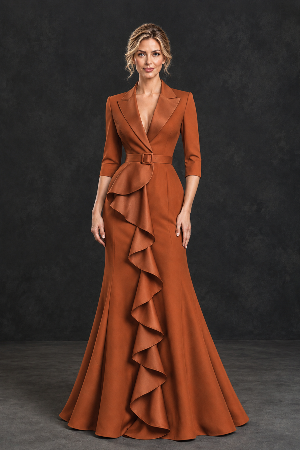 BOLODOO Burnt Orange Lapel Ruffle Mother of the Bride Dress with Belt - Burnt Orange - Burnt Orange_1