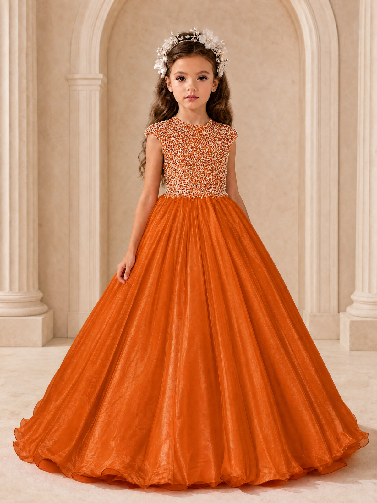 BOLODOO Burnt Orange Sequin Tulle Flower Girl Dress with Cap Sleeves - Burnt Orange - Burnt Orange_1