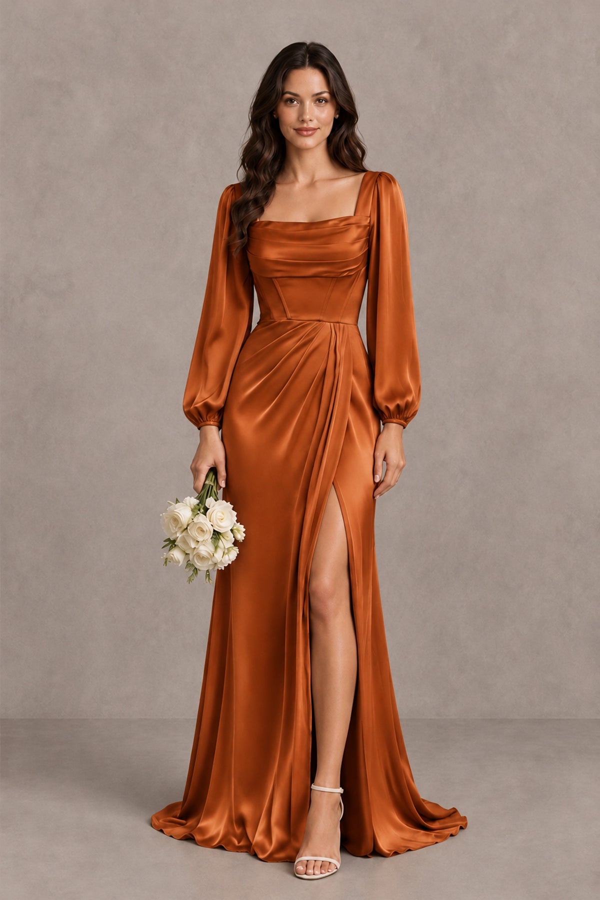 BOLODOO Burnt Orange Satin-Look Long Sleeve Evening Dress with High Slit - Burnt Orange - Burnt Orange_1