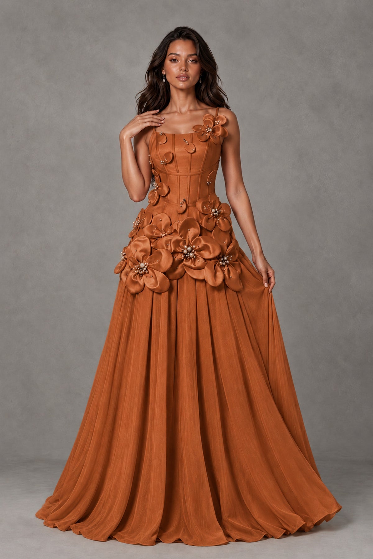 BOLODOO Burnt Orange 3D Floral Appliqué Floor-Length A-Line Evening Gown - Burnt Orange