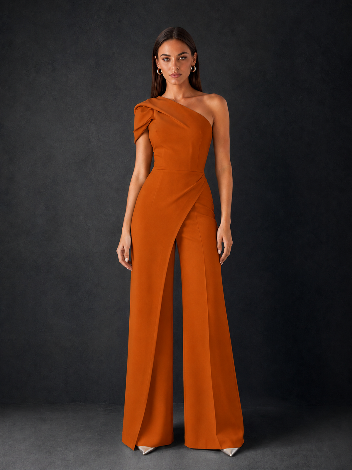 BOLODOO Burnt Orange One-Shoulder Puff Sleeve Wide-Leg Jumpsuit with Front Slit and Open Back - Burnt Orange