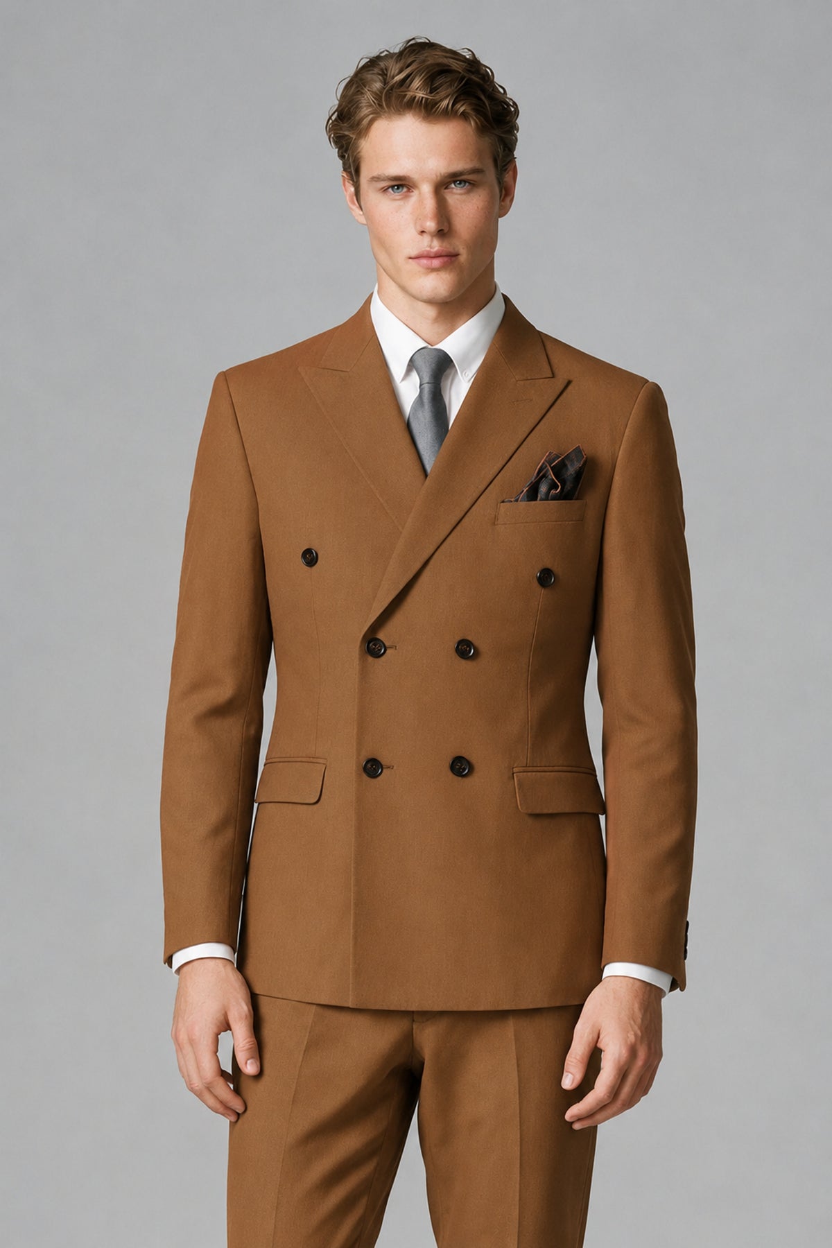 Bolodoo Men's Burnt Orange Double-Breasted Two-Piece Suit with Peak Lapels - Burnt Orange - Burnt Orange_1
