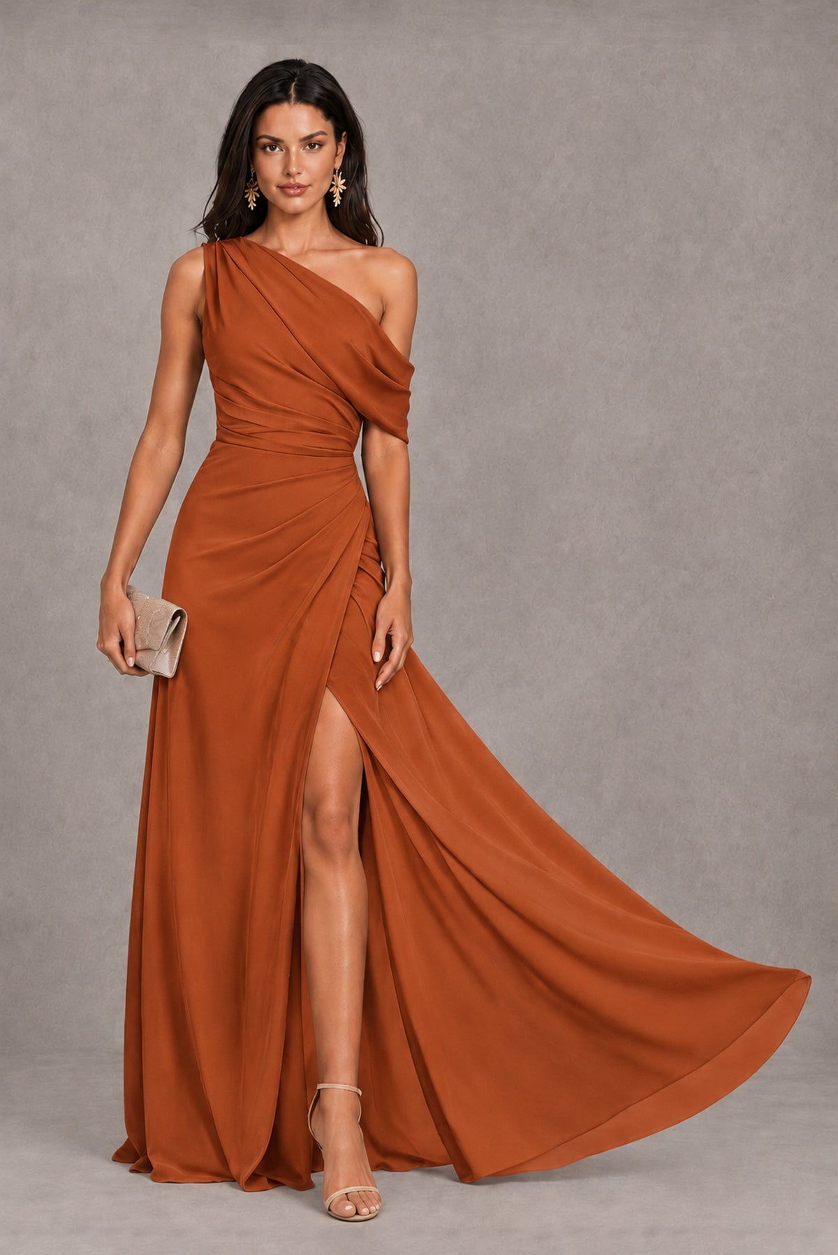 Burnt Orange One-Shoulder Floor-Length Evening Gown with High Slit - Burnt Orange