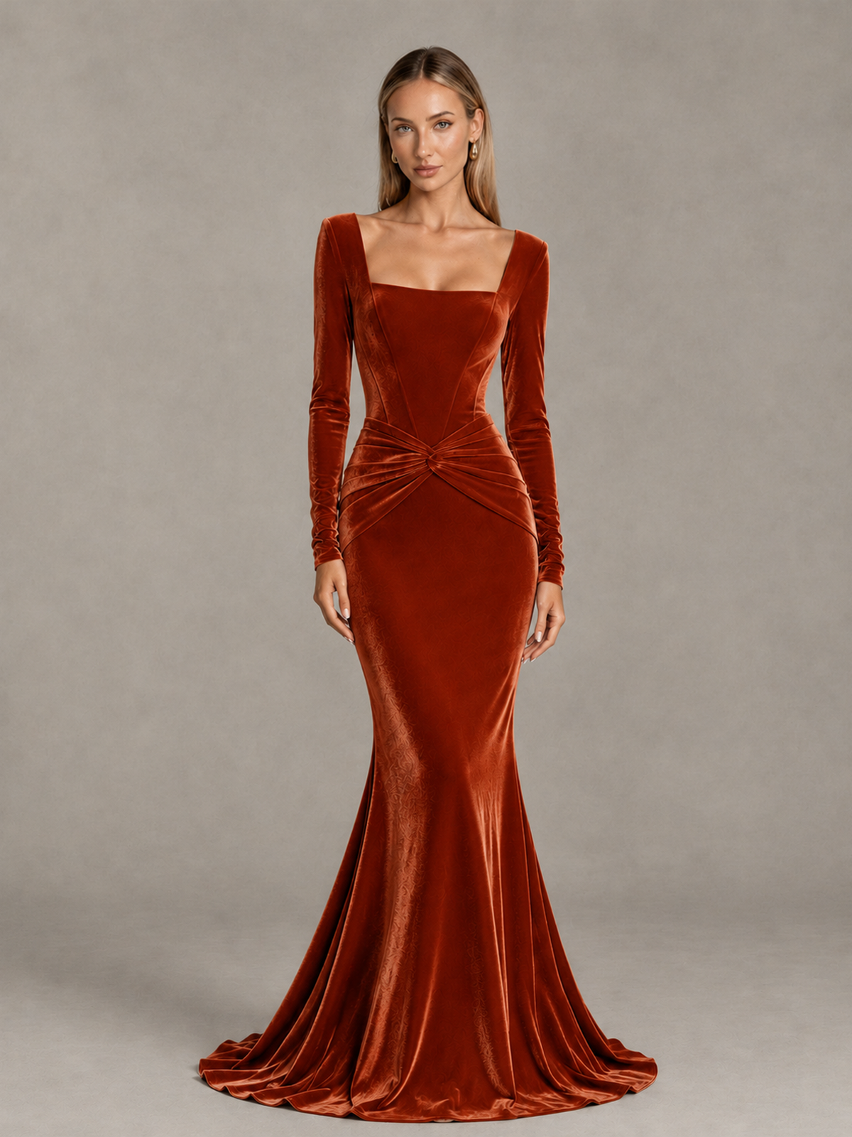 BOLODOO Burnt Orange Velvet-Look Square Neck Long Sleeve Mermaid Evening Dress - Burnt Orange - Burnt Orange_1