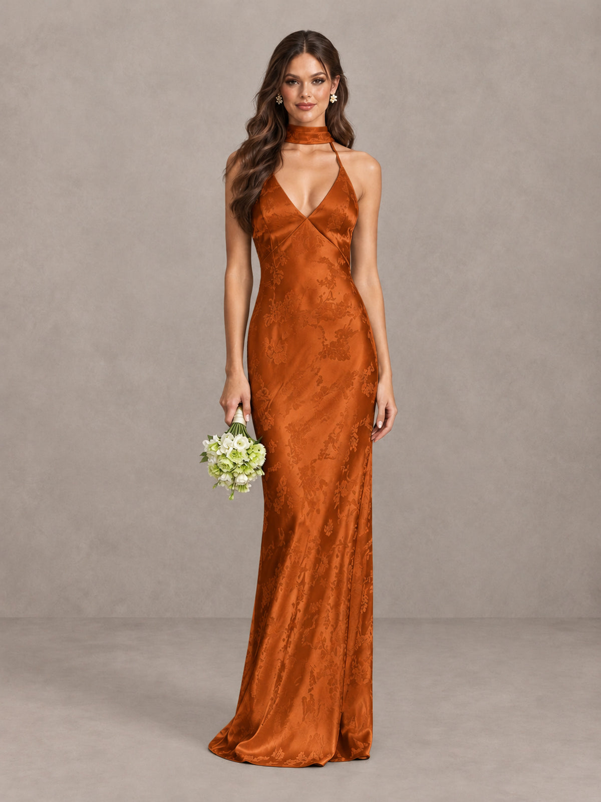 BOLODOO Burnt Orange Floral Satin Open-Back Bridesmaid Dress - Burnt Orange - Burnt Orange_1
