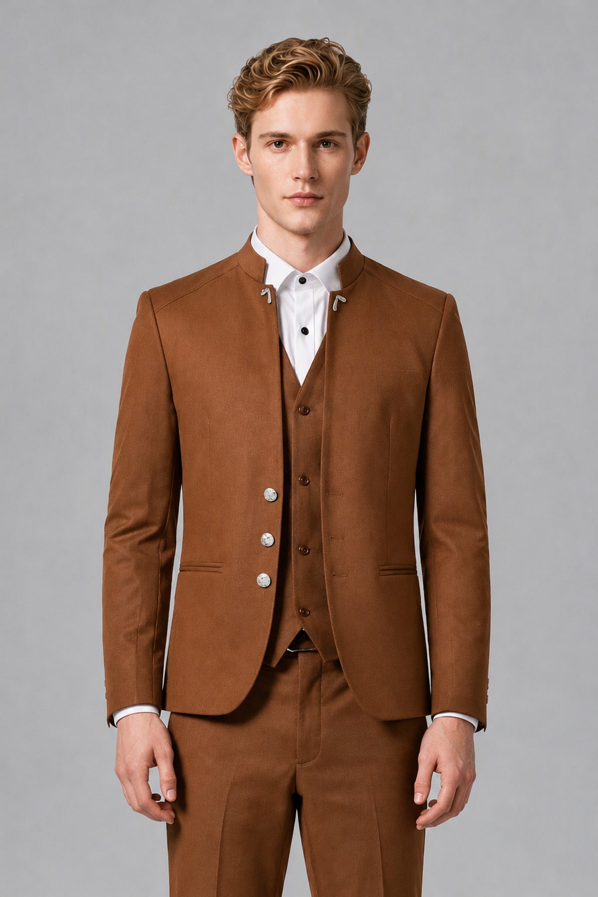 Bolodoo Men's Burnt Orange Mandarin Collar 3-Piece Suit – Jacket, Vest & Trousers - Burnt Orange - Burnt Orange_1