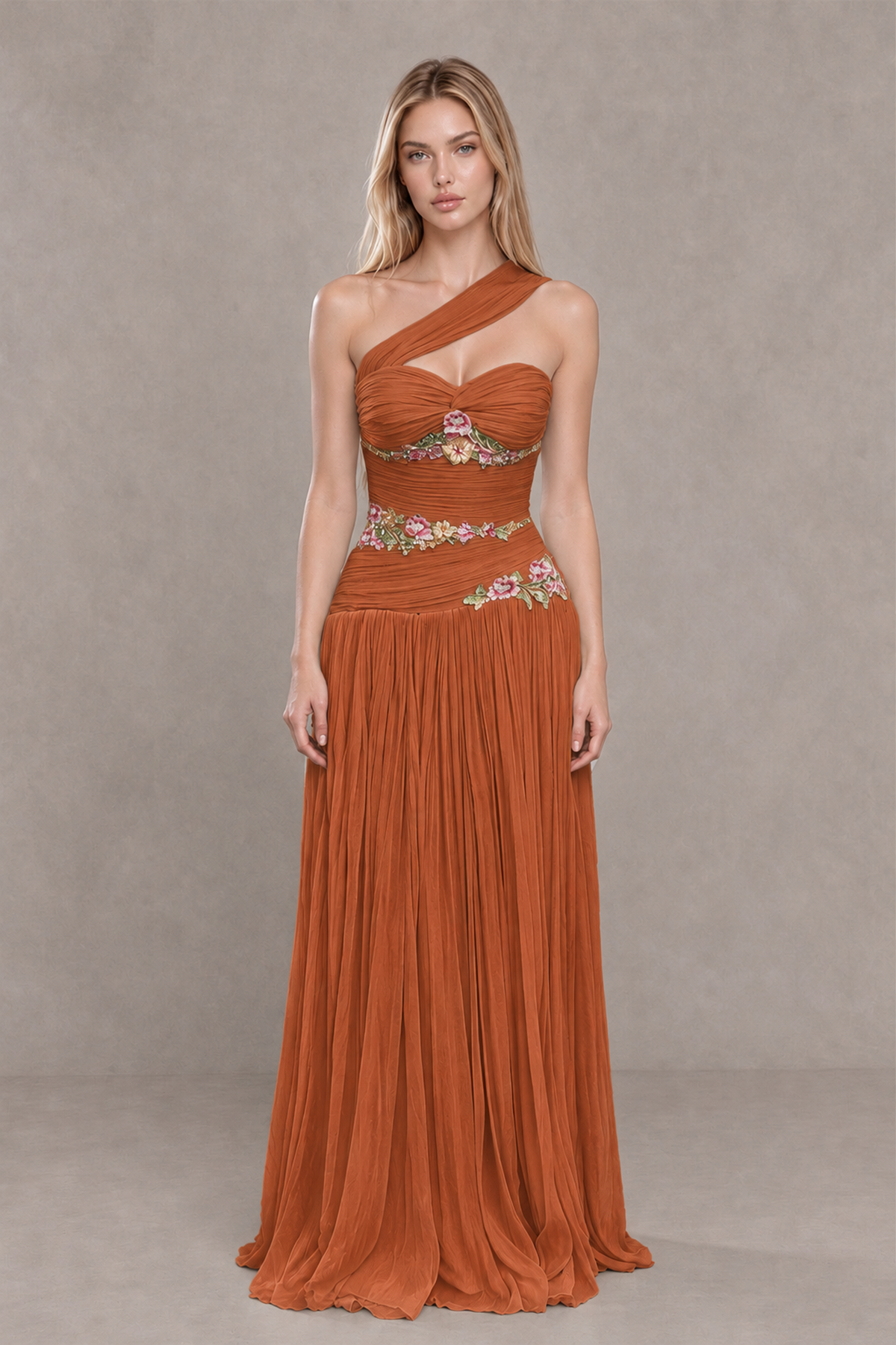 BOLODOO Burnt Orange One-Shoulder Floral Applique A-Line Evening Dress - Burnt Orange - Burnt Orange_1