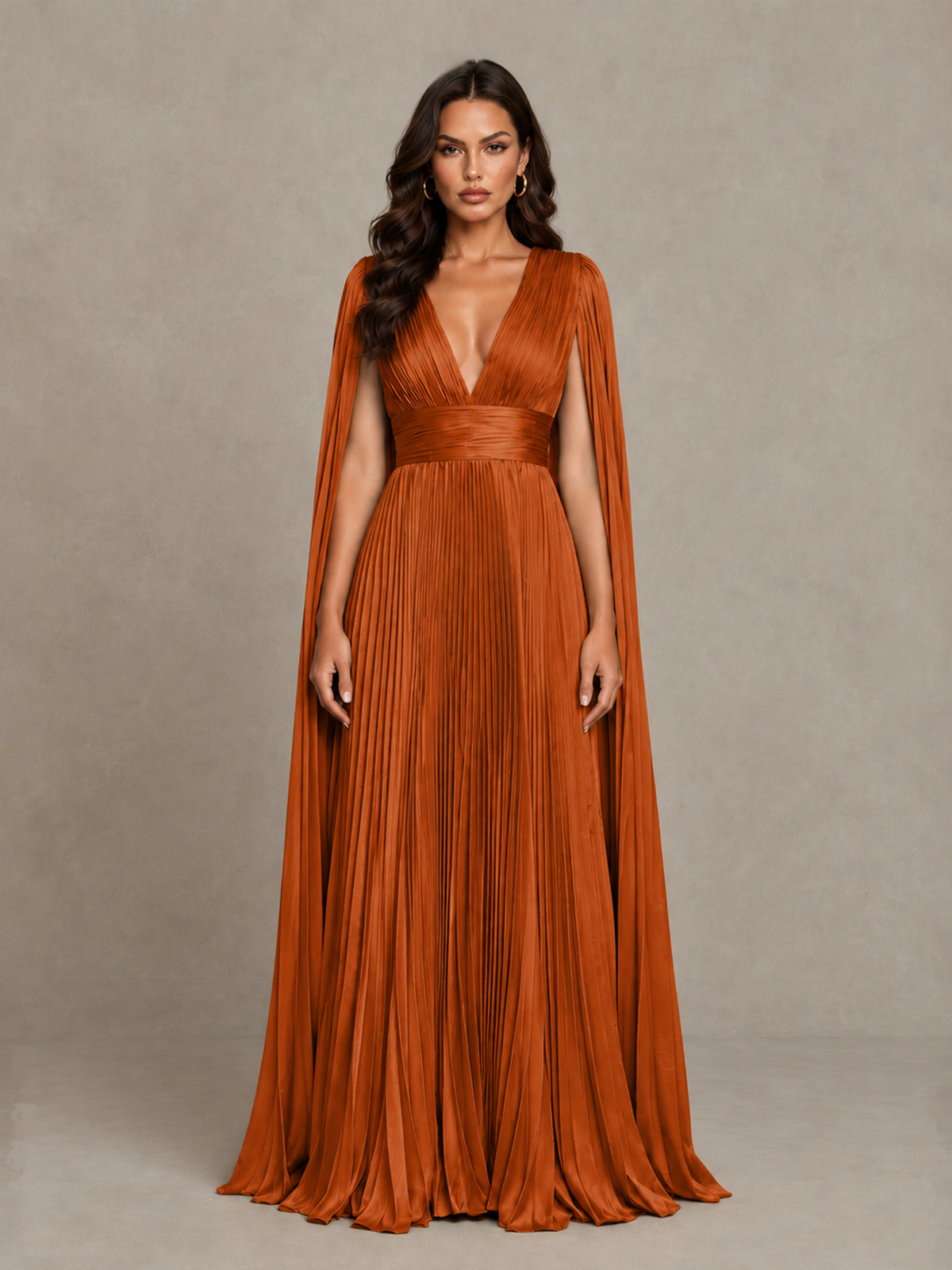 BOLODOO Burnt Orange Deep V-Neck Pleated Cape Sleeve Evening Gown - Burnt Orange - Burnt Orange_1