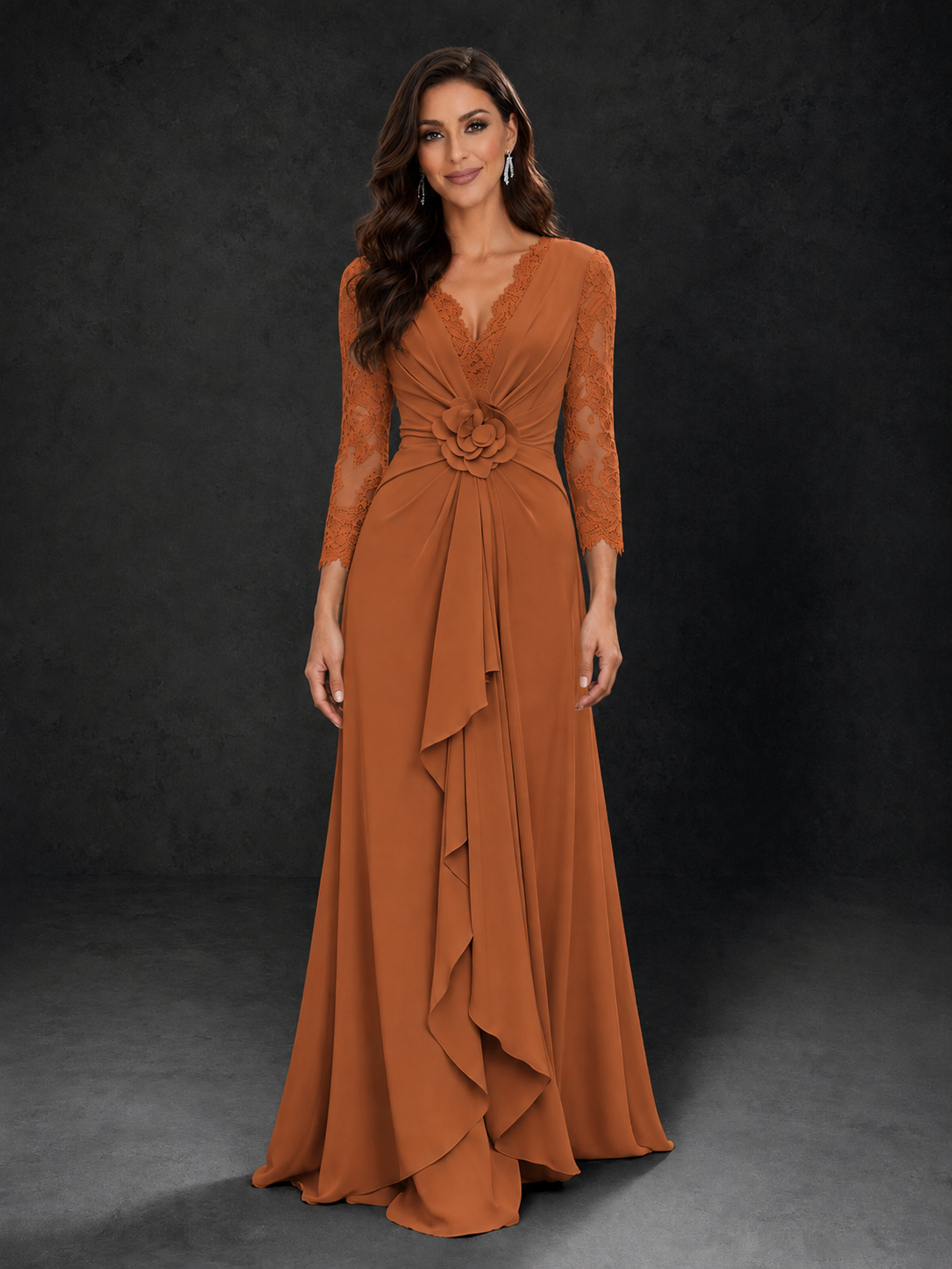 BOLODOO Burnt Orange Lace Sleeve V-Neck Floral Waist Chiffon A-Line Maxi Dress - Burnt Orange