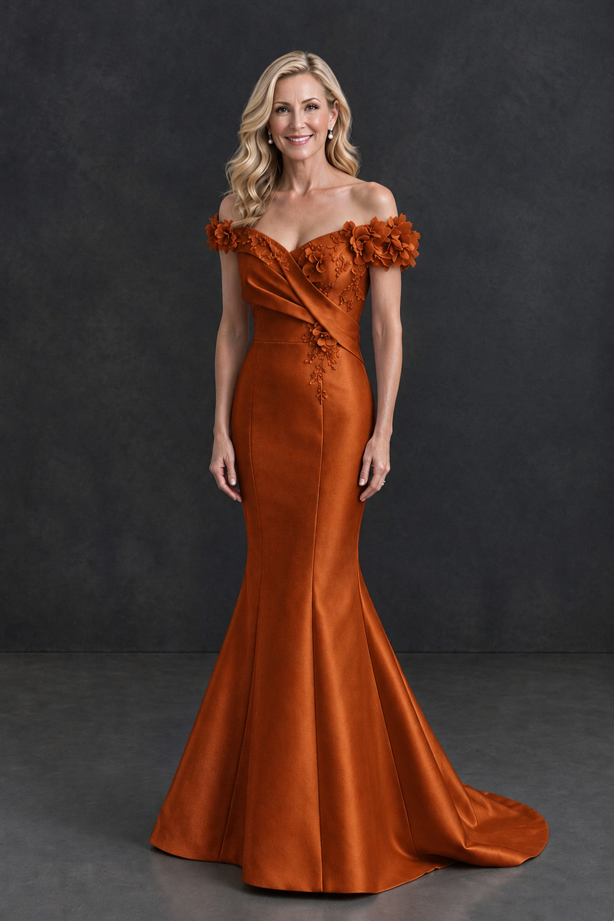 BOLODOO Burnt Orange Off-Shoulder Floral Mermaid Mother of the Bride Dress - Burnt Orange - Burnt Orange_1