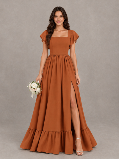 BOLODOO Burnt Orange Square Neck Flutter Sleeve Bridesmaid Dress with Slit - Burnt Orange - Burnt Orange_1