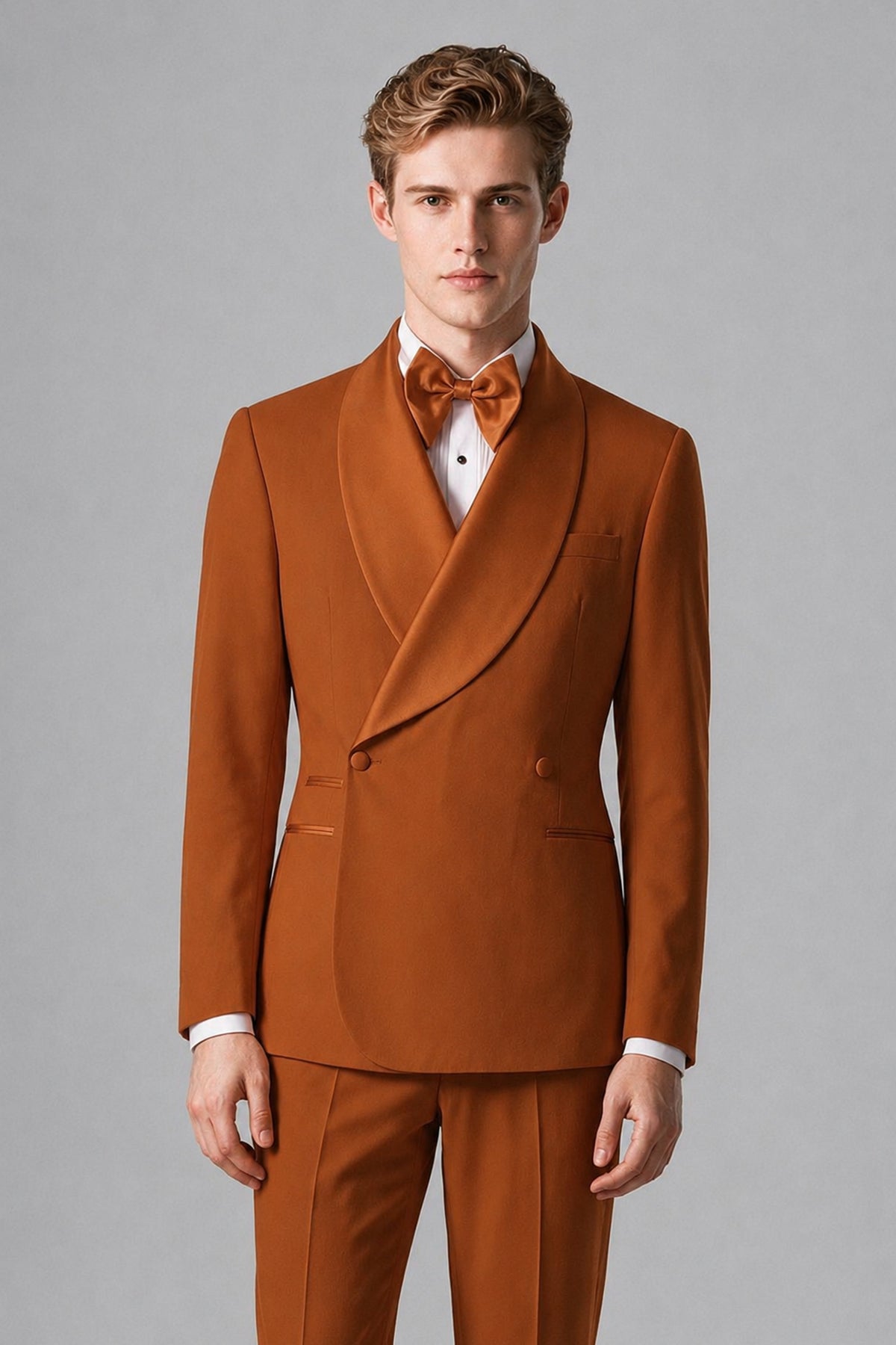 Bolodoo Men's Burnt Orange Shawl Lapel 2-Piece Tuxedo Suit – Jacket & Trousers - Burnt Orange - Burnt Orange(1)