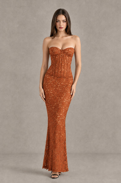 BOLODOO Burnt Orange Strapless Lace Corset Wedding Guest Dress - Burnt Orange - Burnt Orange_1