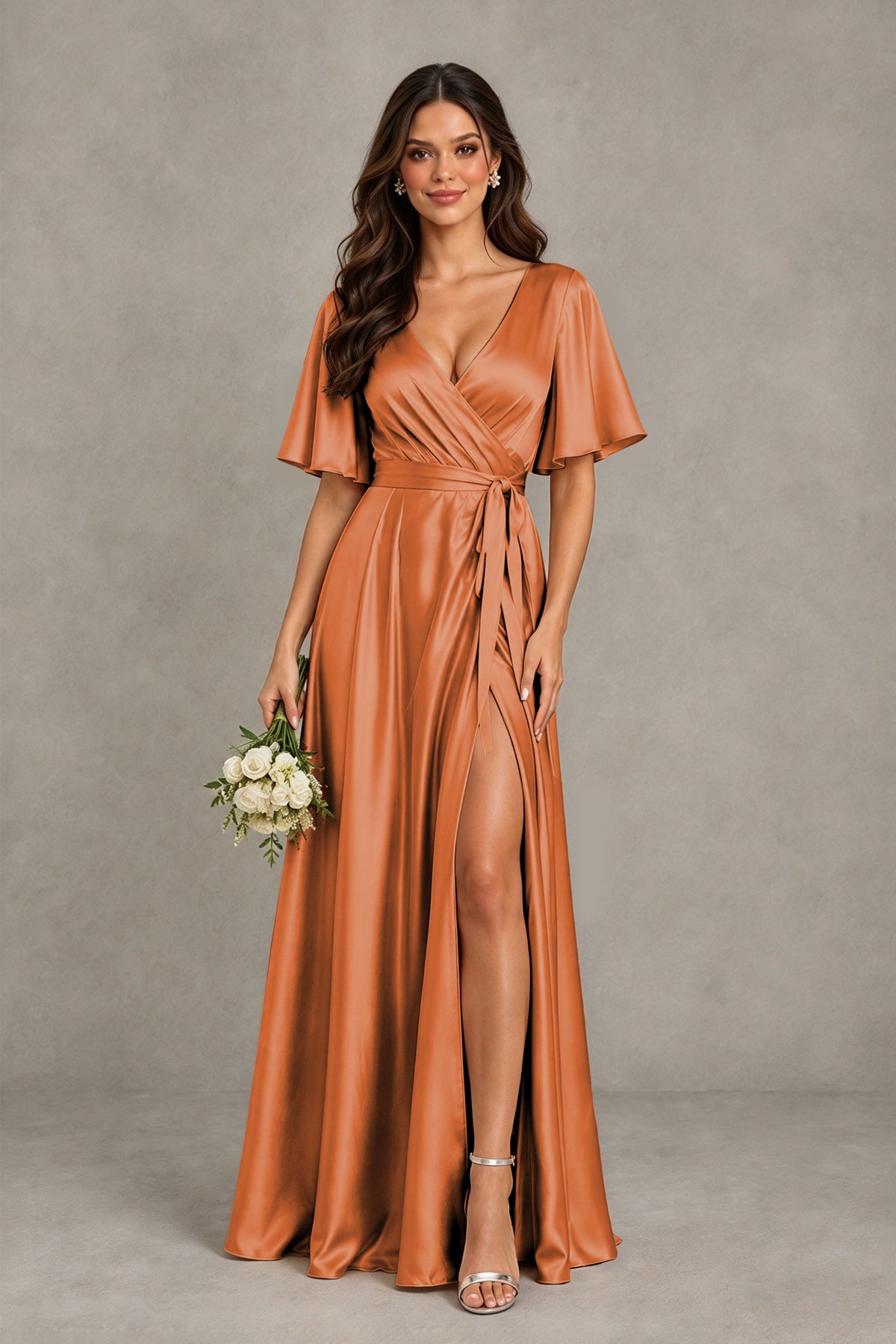 BOLODOO Burnt Orange Satin V-Neck Flutter Sleeve Bridesmaid Dress with Slit - Burnt Orange - Burnt Orange(1)