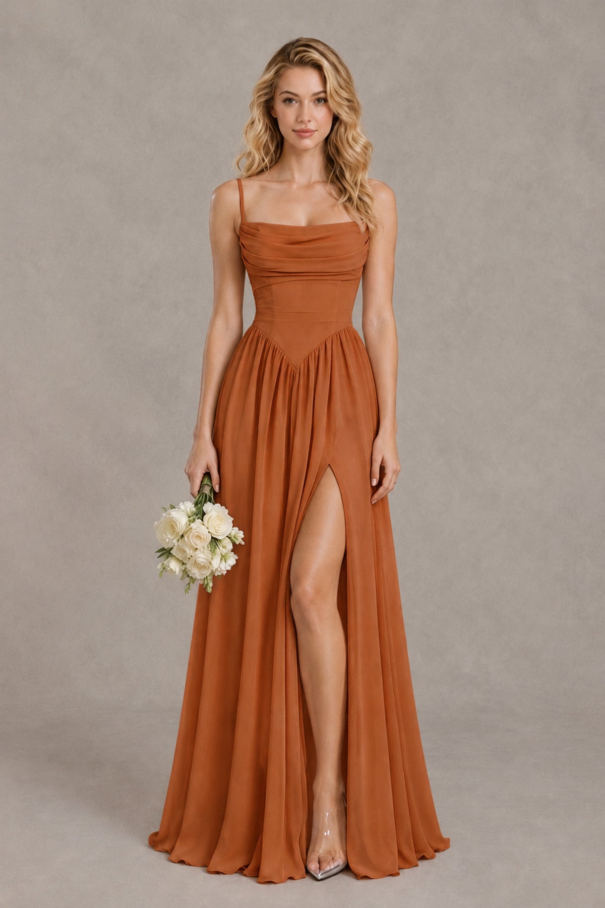 BOLODOO Burnt Orange Spaghetti Strap A-Line Bridesmaid Dress with Slit - Burnt Orange - Burnt Orange_1