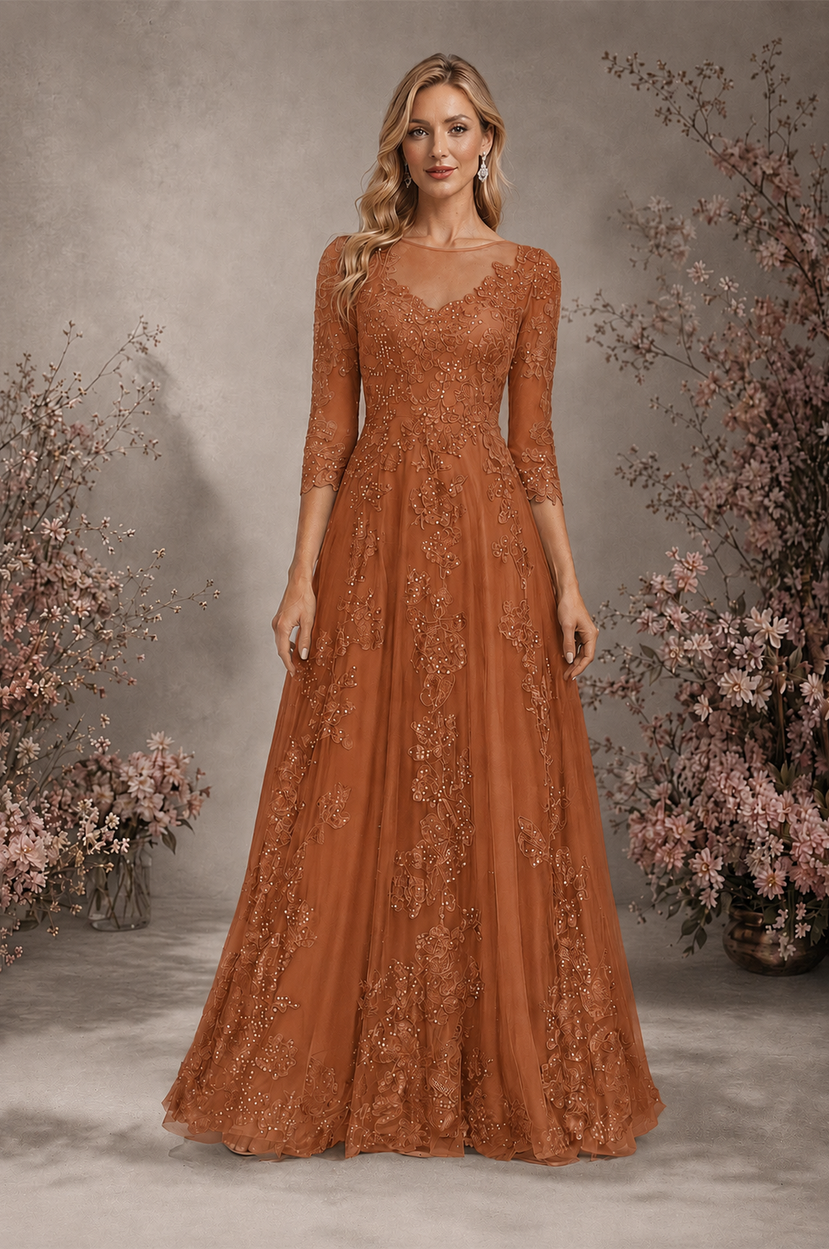 BOLODOO Burnt Orange Sequin Lace 3/4 Sleeve Open Back Formal Evening Gown - Burnt Orange