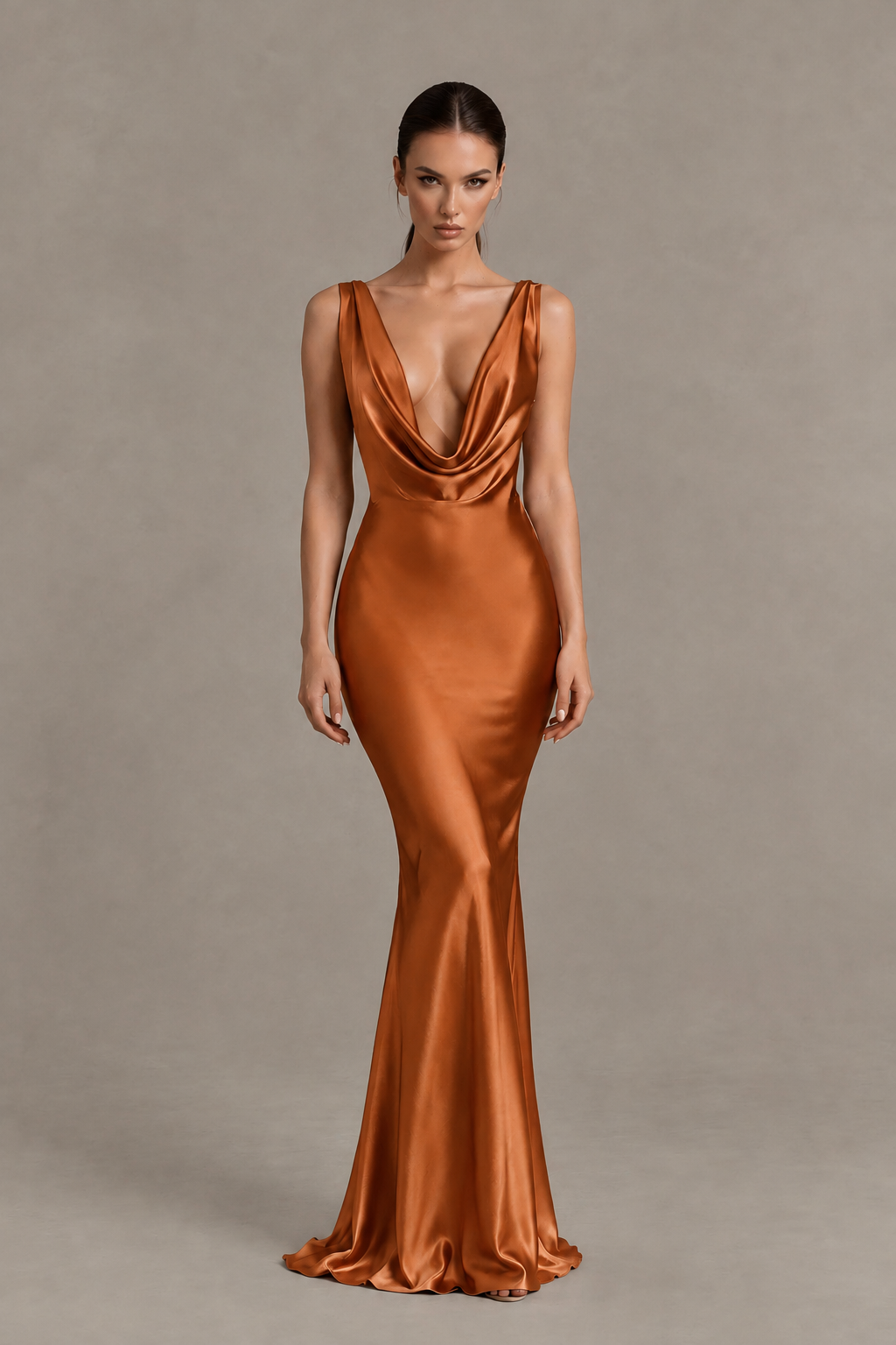 BOLODOO Burnt Orange Cowl Neck Backless Satin Mermaid Evening Dress - Burnt Orange - Burnt Orange_1