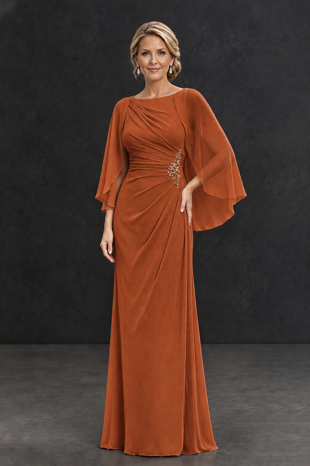 BOLODOO Burnt Orange Cape Sleeve Mother of the Bride Dress with Ruched Waist - Burnt Orange - Burnt Orange_1