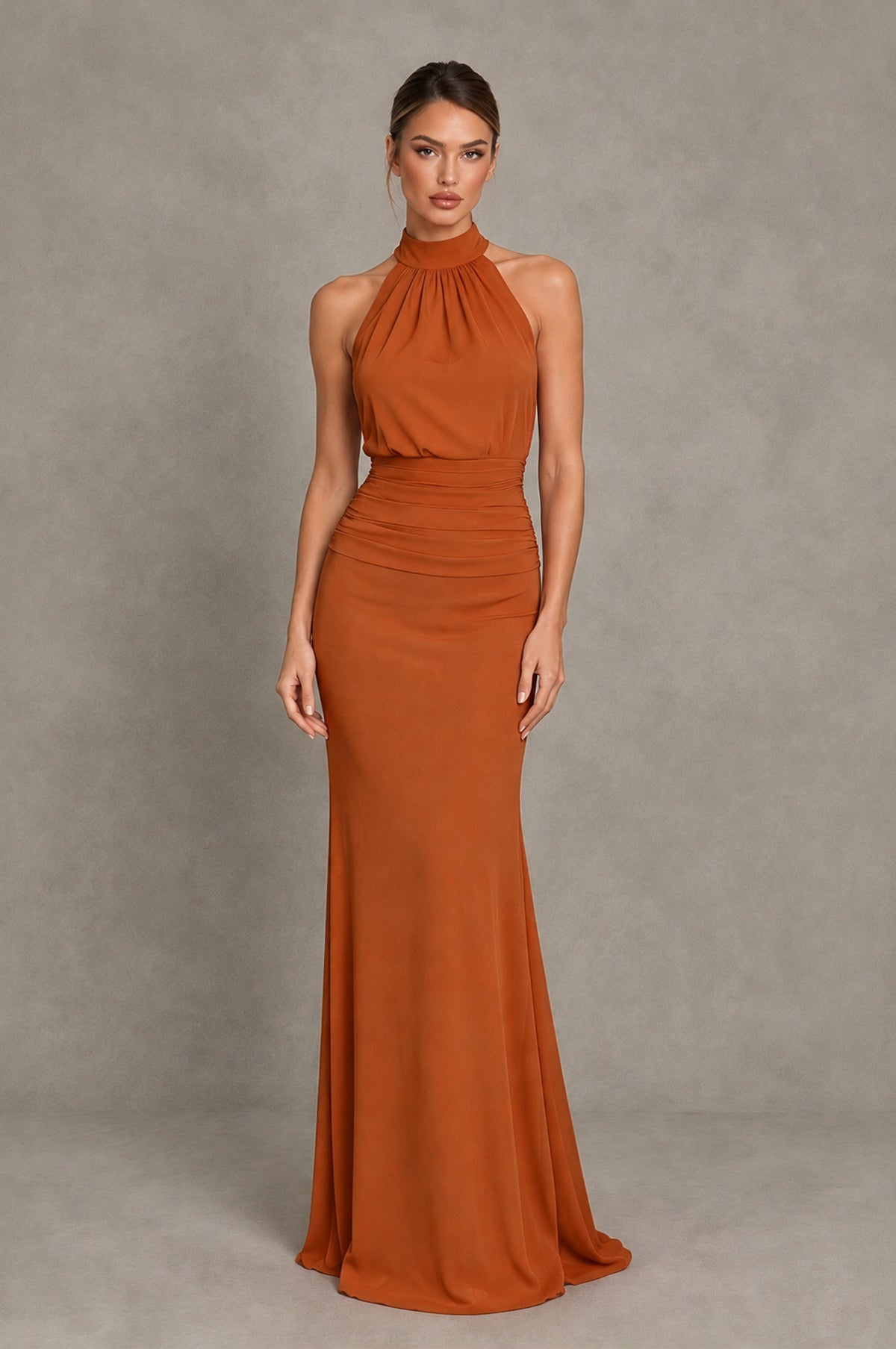 BOLODOO Burnt Orange Chiffon Halter Maxi Formal Wedding Guest Dress - Burnt Orange - Burnt Orange_1
