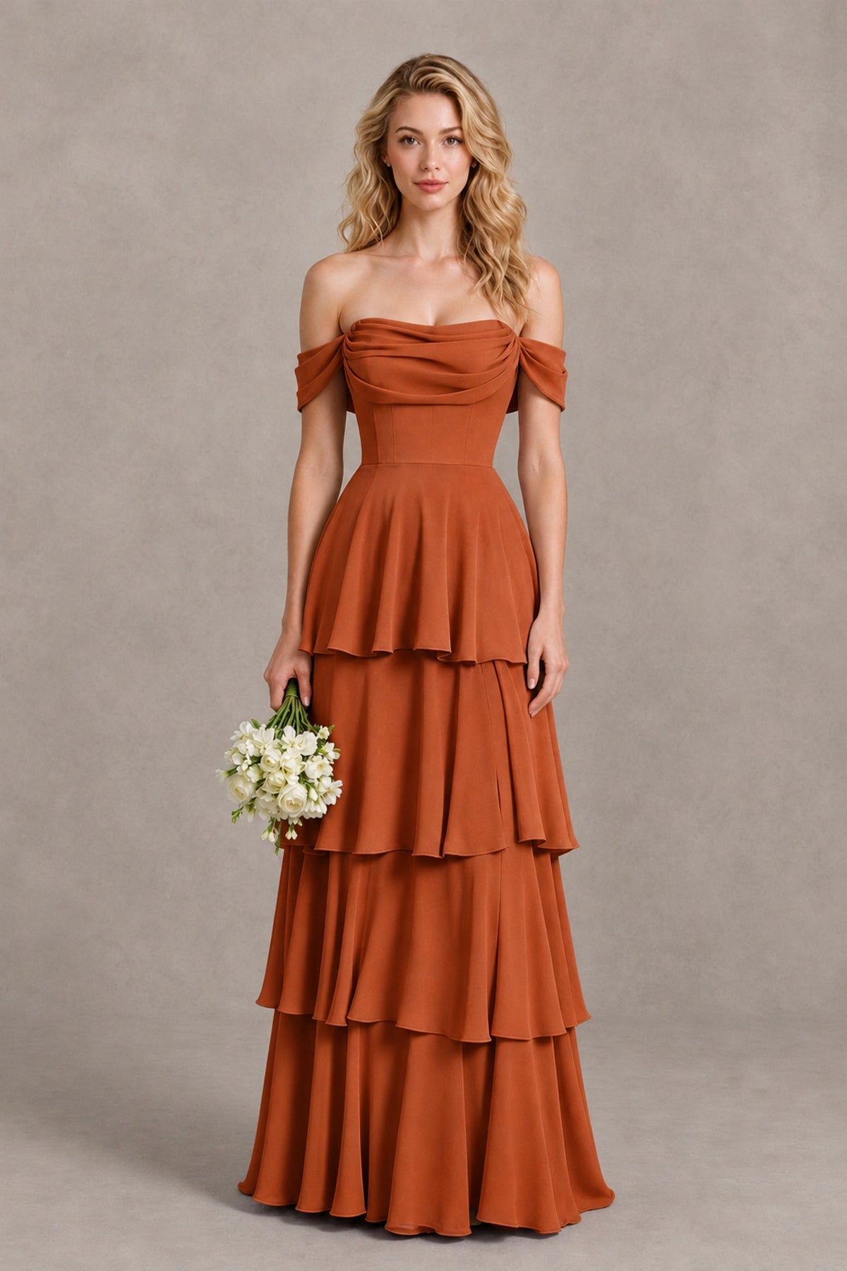 BOLODOO Burnt Orange Off-the-Shoulder Tiered A-Line Evening Bridesmaid Dress - Burnt Orange - Burnt Orange_1