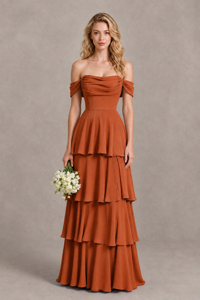 BOLODOO Burnt Orange Off-the-Shoulder Tiered A-Line Evening Bridesmaid Dress - Burnt Orange - Burnt Orange_1