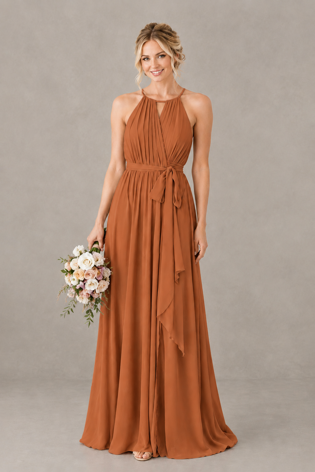 BOLODOO Burnt Orange Halter Chiffon Bridesmaid Dress with High Slit - Burnt Orange