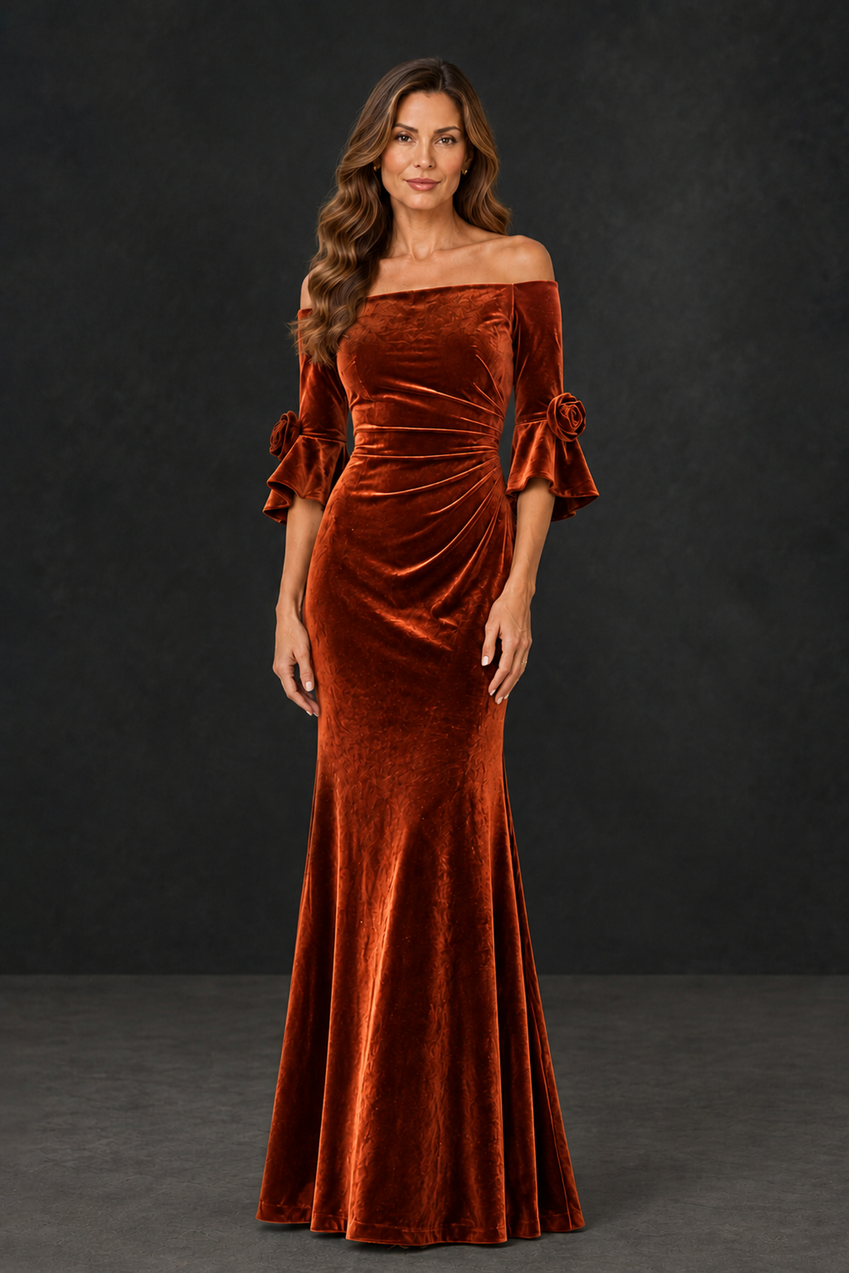 BOLODOO Burnt Orange Velvet Mother of the Bride Dress with Rosette Sleeves - Burnt Orange - Burnt_Orange_1