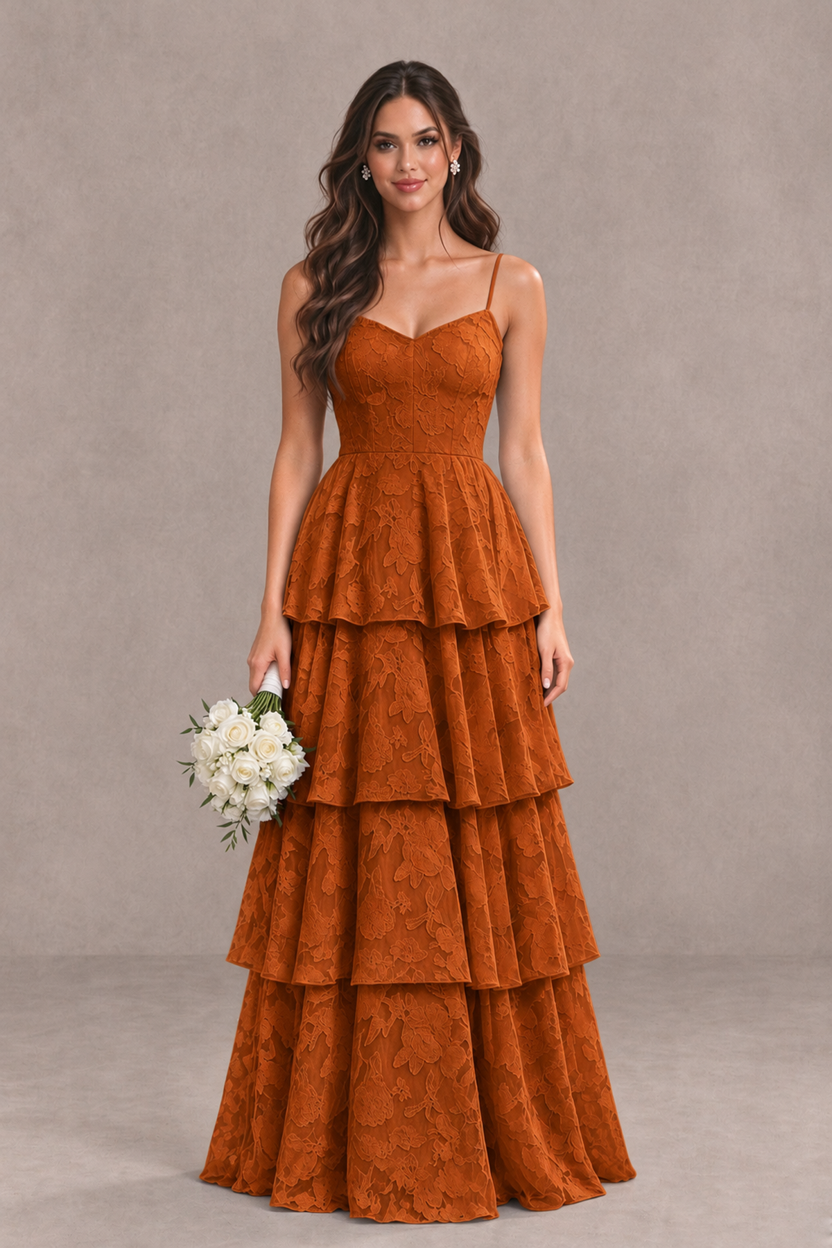 BOLODOO Burnt Orange Tiered Floral-Textured Spaghetti Strap Maxi Dress - Burnt Orange - Burnt Orange_1
