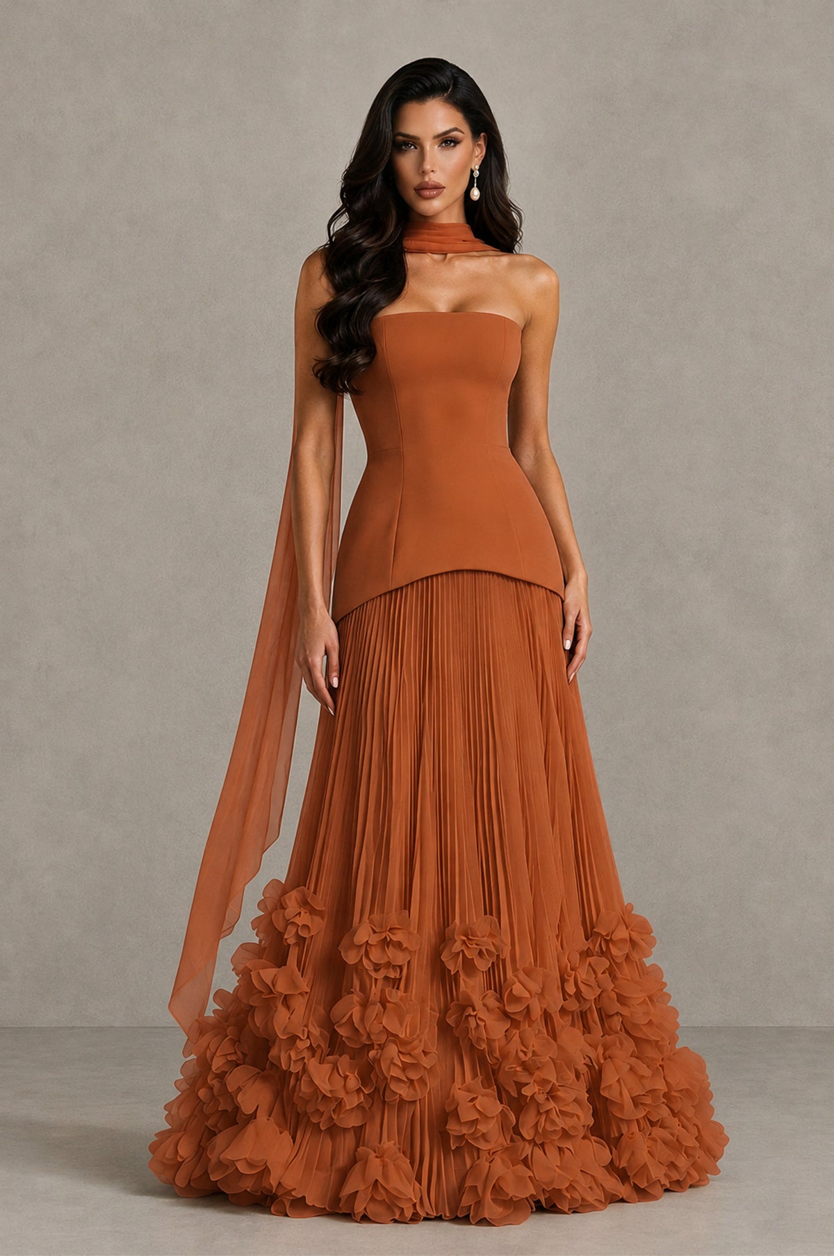 BOLODOO Burnt Orange Strapless Pleated Floral Hem Evening Gown - Burnt Orange - Burnt Orange_1