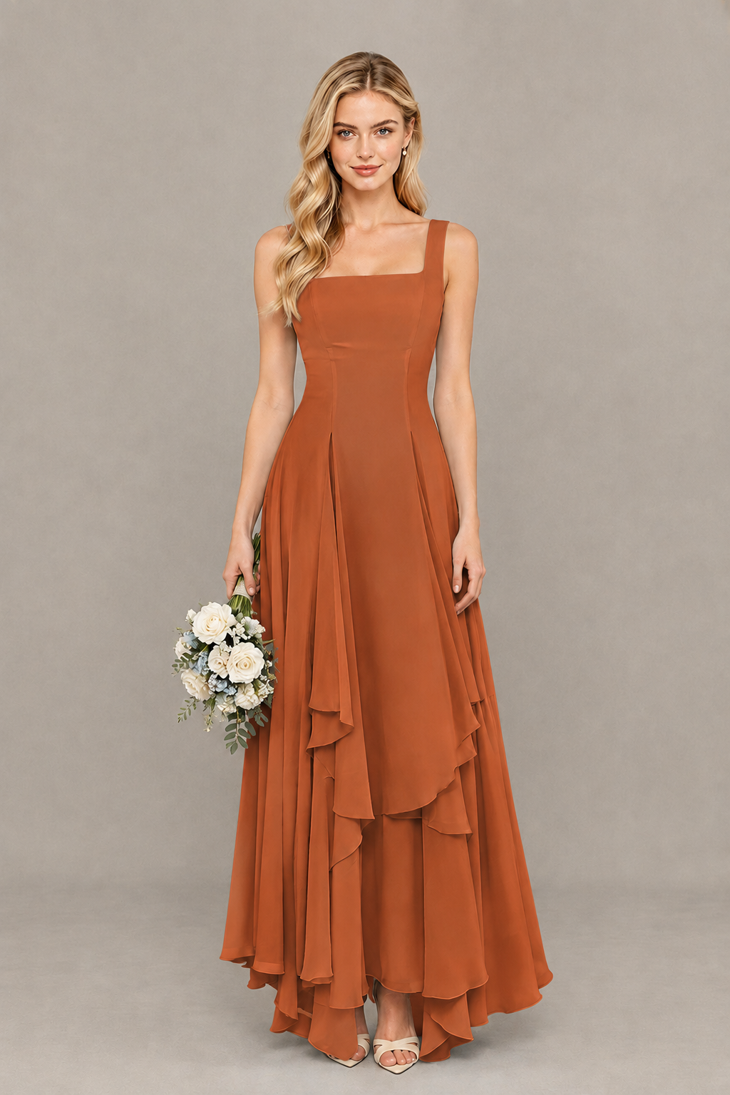 BOLODOO Burnt Orange Square Neck Chiffon Bridesmaid Dress with Lace-Up Back - Burnt Orange