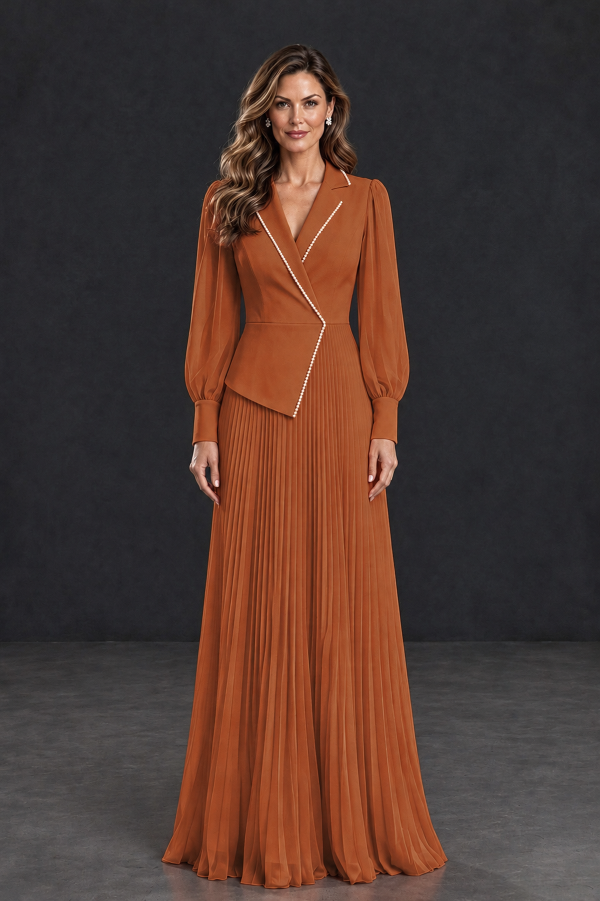 BOLODOO Burnt Orange Long Sleeve Pleated Mother of the Bride Dress - Burnt Orange - Burnt Orange_1
