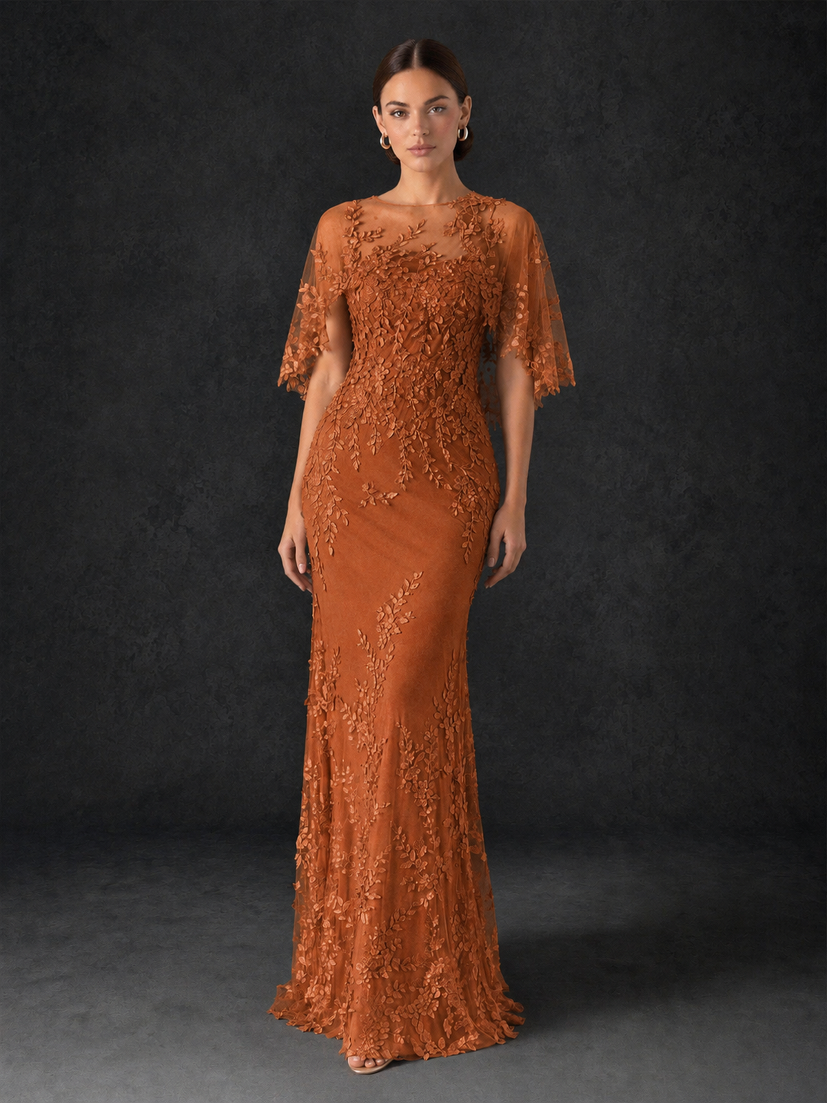 BOLODOO Mocha Burnt Orange Botanical Lace Flutter Sleeve Mermaid Gown - Burnt Orange