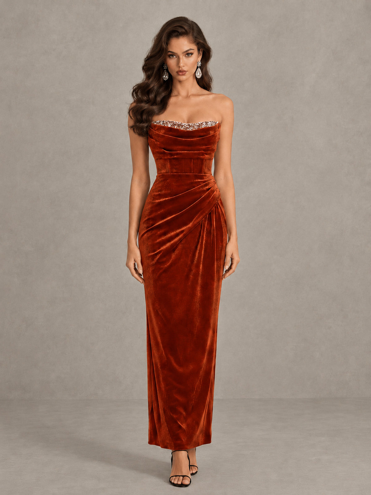 BOLODOO Burnt Orange Strapless Velvet Cocktail Maxi Dress - Burnt Orange - Burnt Orange_1