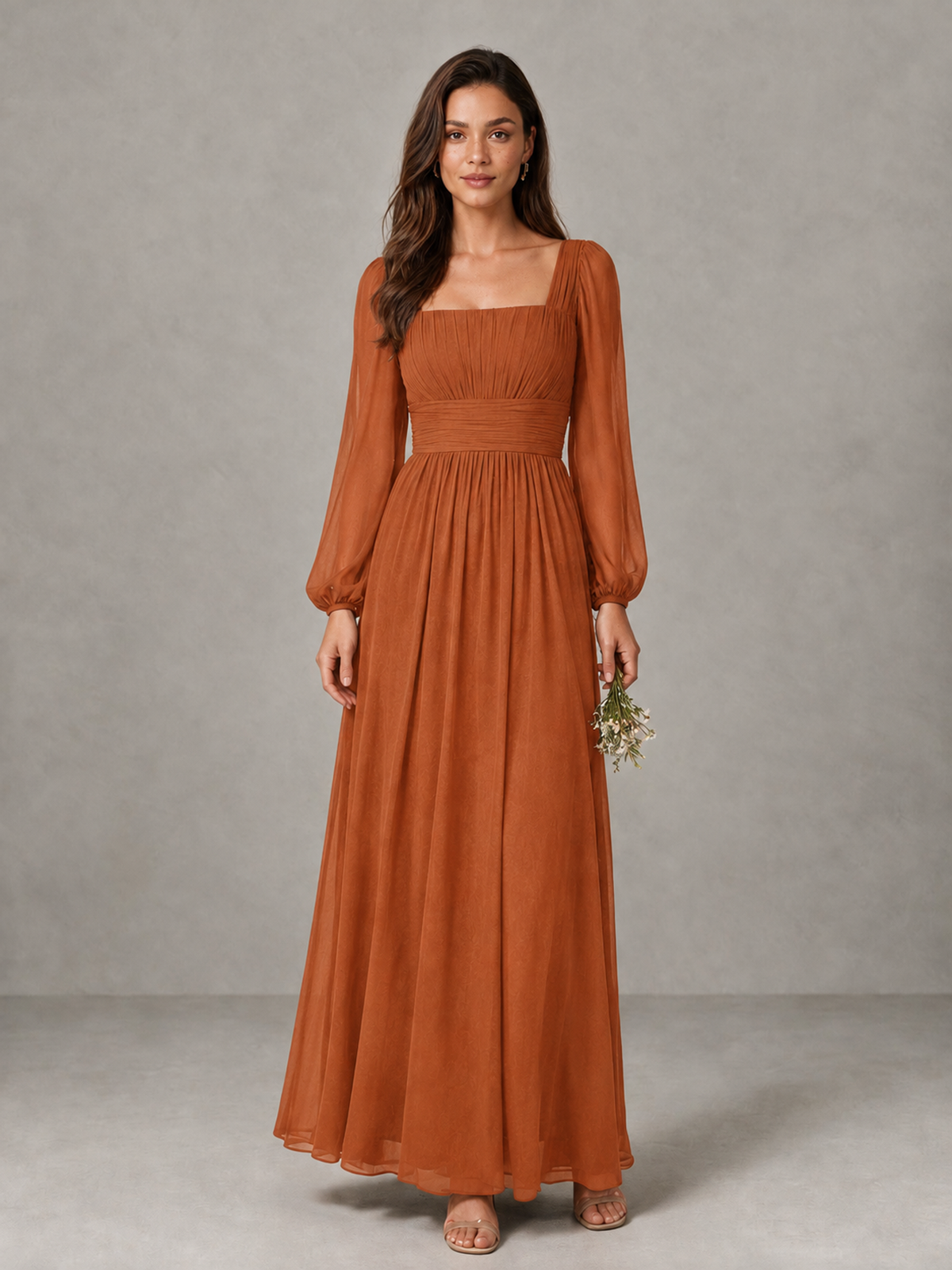 BOLODOO Burnt Orange Square Neck Long Sleeve Chiffon Bridesmaid Dress - Burnt Orange - Burnt Orange_1