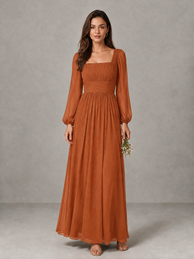 BOLODOO Burnt Orange Square Neck Long Sleeve Chiffon Bridesmaid Dress - Burnt Orange - Burnt Orange_1