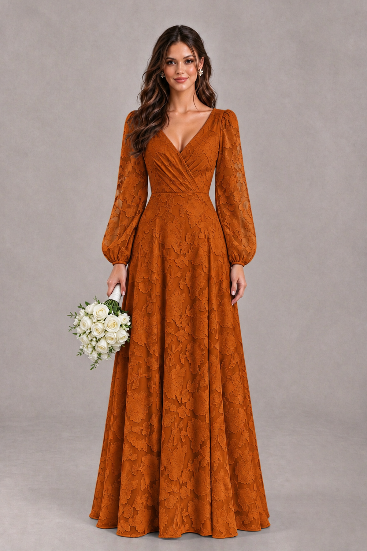 BOLODOO Burnt Orange Long Sleeve V-Neck A-Line Mother of the Bride Dress - Burnt Orange - Burnt Orange_1