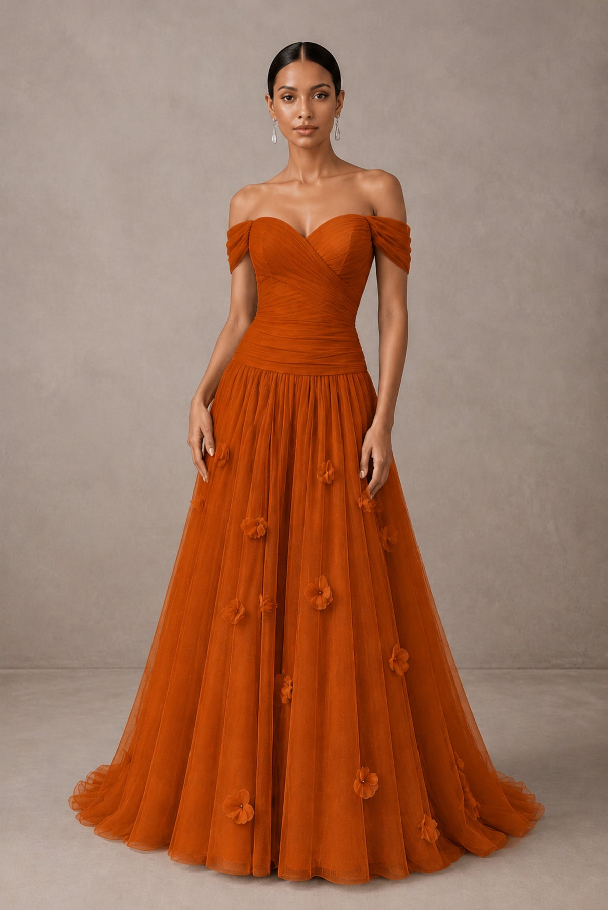 Burnt Orange Off-Shoulder Sweetheart A-Line Tulle Gown with 3D Floral Appliques | BOLODOO - Burnt Orange