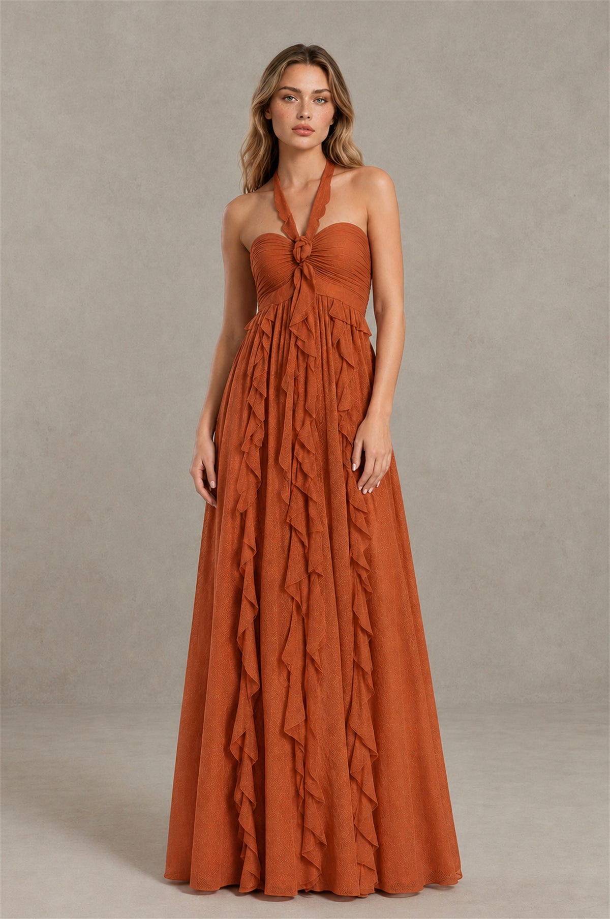 BOLODOO Burnt Orange Halter Ruffle A-Line Floor-Length Evening Dress - Burnt Orange - Burnt_Orange_1