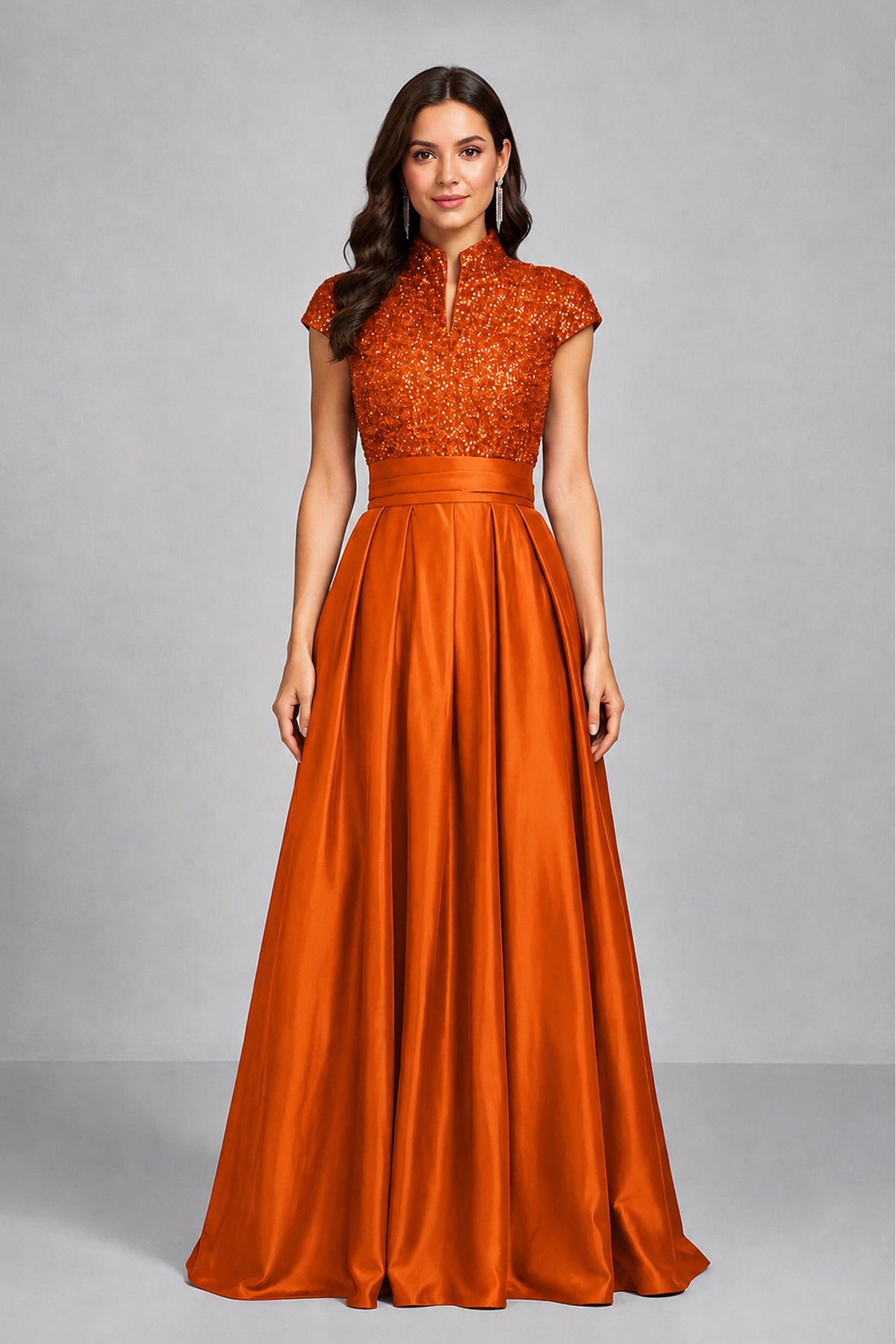 BOLODOO Burnt Orange Sequin Embroidered High Neck Cap Sleeve A-Line Ball Gown – Formal Evening Dress - Burnt Orange