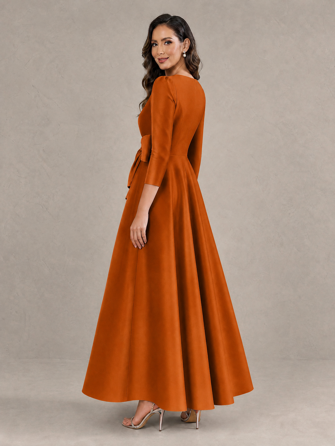 BOLODOO Burnt Orange Satin Deep V-Neck Wrap 3/4 Puff Sleeve A-Line Ball Gown Maxi Dress with Oversized Bow Belt - Burnt Orange