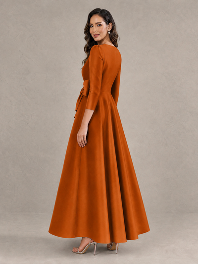 BOLODOO Burnt Orange Satin Deep V-Neck Wrap 3/4 Puff Sleeve A-Line Ball Gown Maxi Dress with Oversized Bow Belt - Burnt Orange