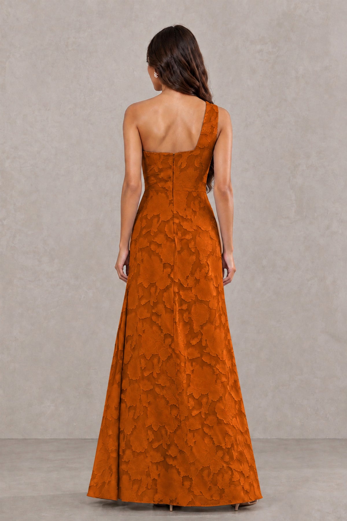 BOLODOO Burnt Orange One-Shoulder Floral Textured Maxi Dress with High Slit - Burnt Orange - Burnt Orange_2