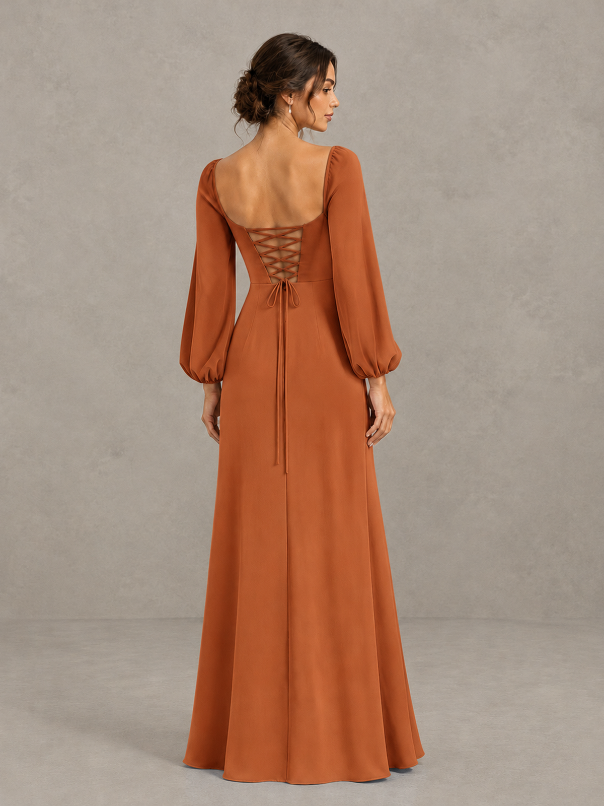 BOLODOO Burnt Orange Square Neck Long Sleeve Bridesmaid Dress with High Slit - Burnt Orange - Burnt Orange_2