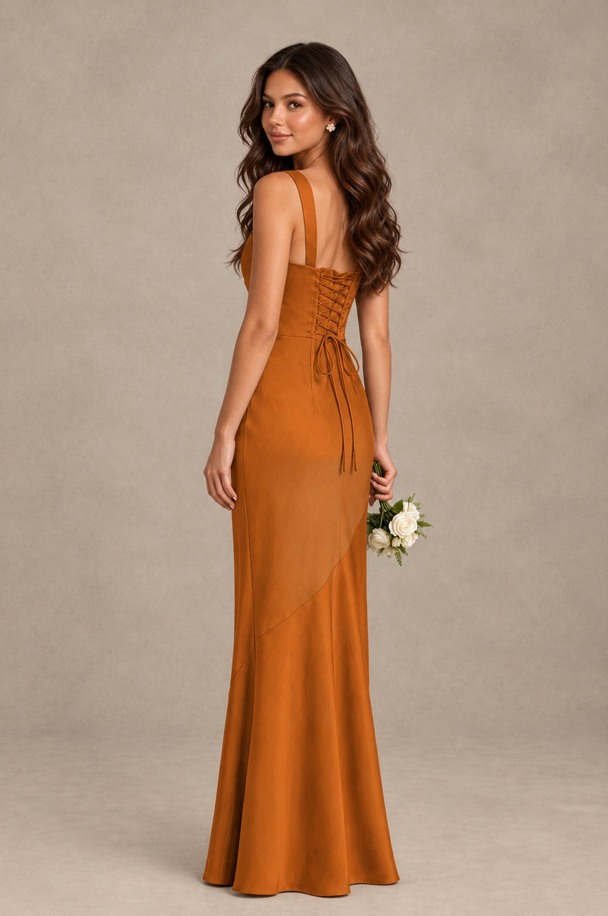 BOLODOO Burnt Orange Square Neck Ruched Satin Lace-Up Bridesmaid Dress - Burnt Orange - Burnt Orange_2