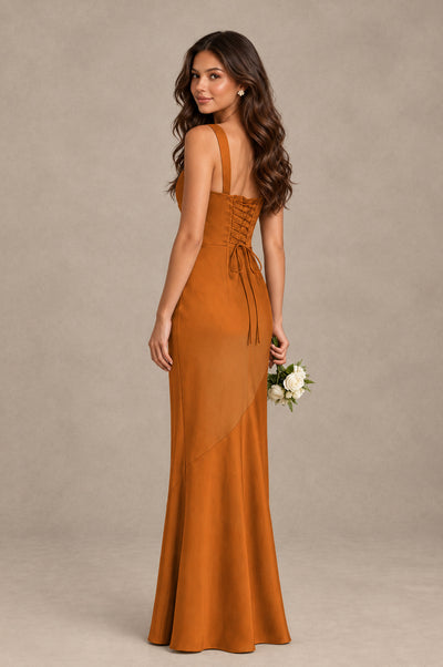 BOLODOO Burnt Orange Square Neck Ruched Satin Lace-Up Bridesmaid Dress - Burnt Orange - Burnt Orange_2