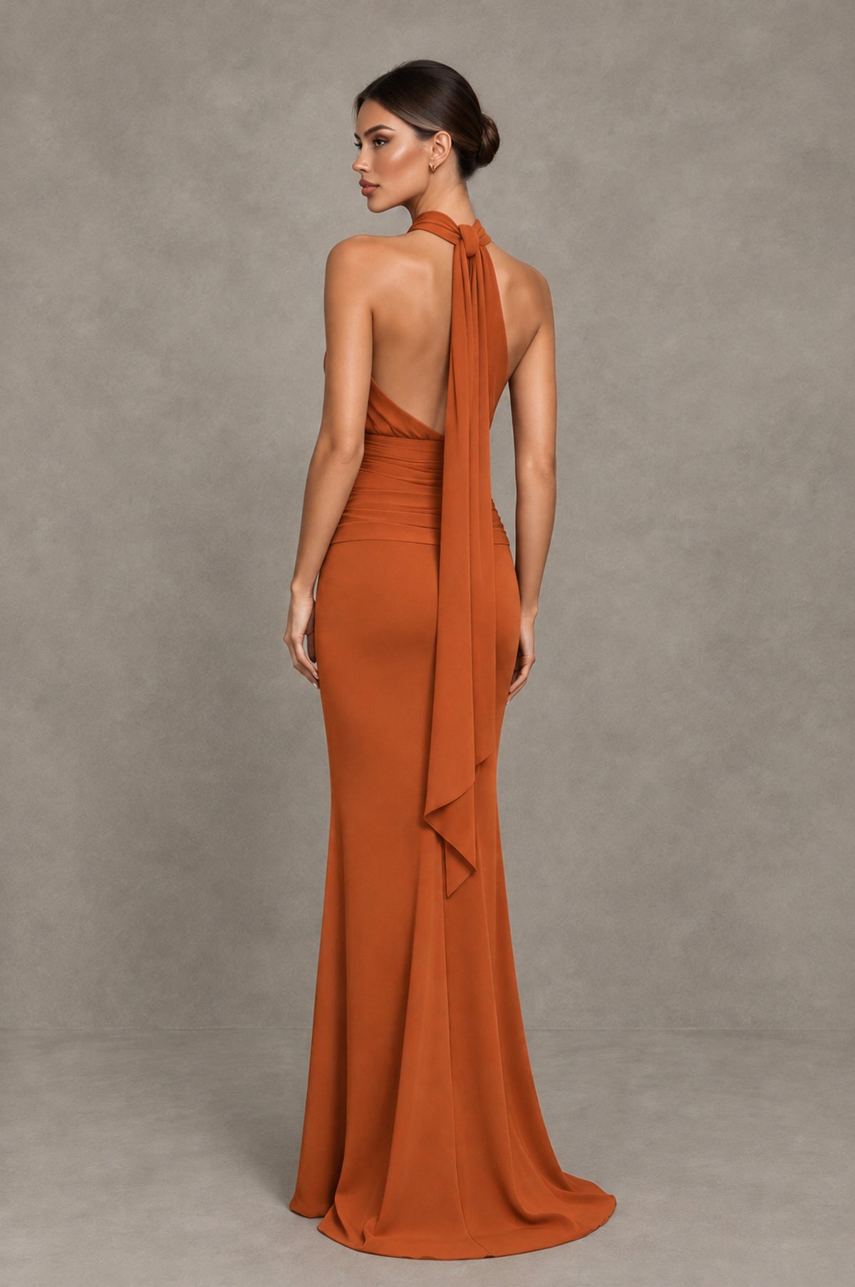 BOLODOO Burnt Orange Chiffon Halter Maxi Formal Wedding Guest Dress - Burnt Orange - Burnt Orange_2